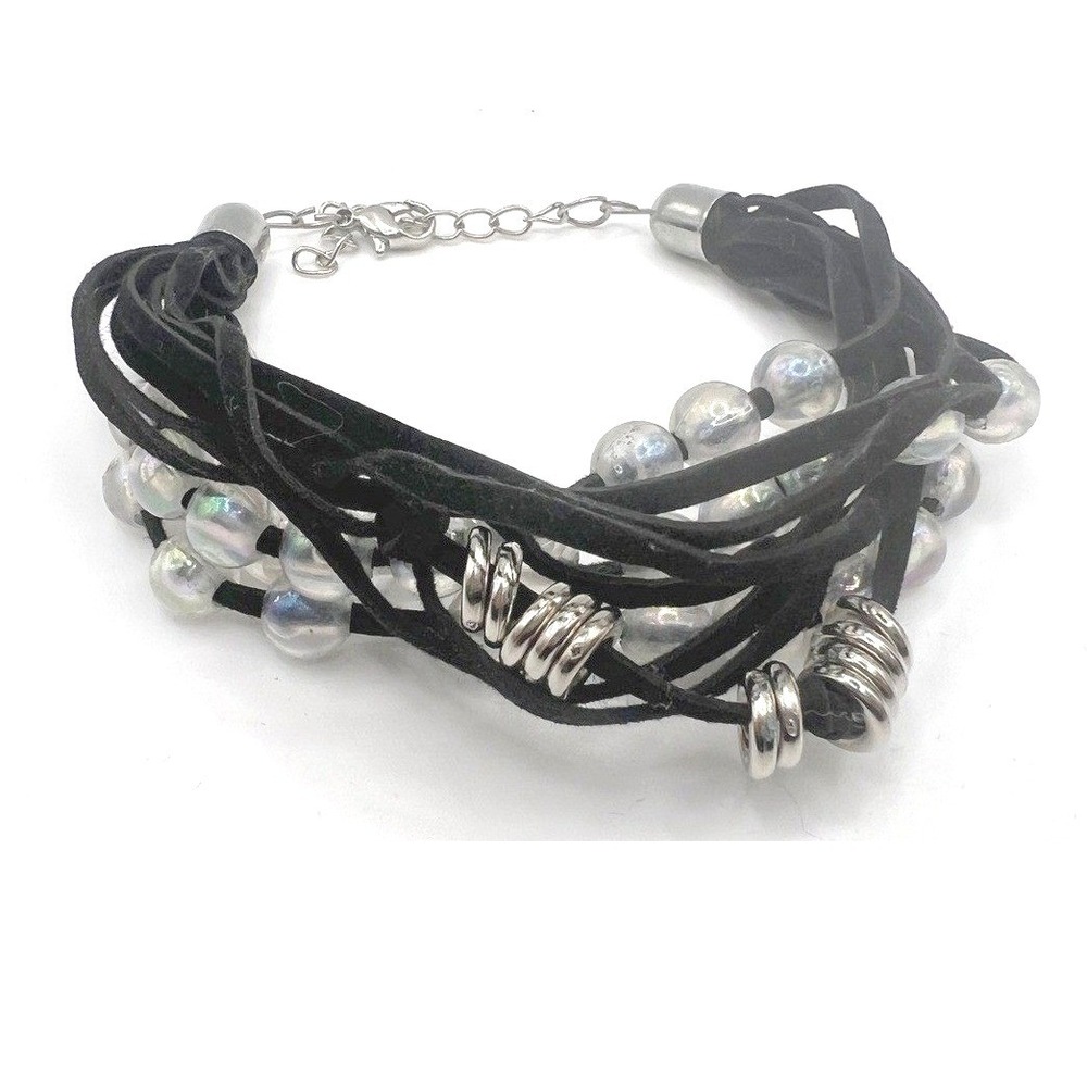Black Cord Multi Strand Bracelet Iridescent Glass‎ Beads 10 Strand